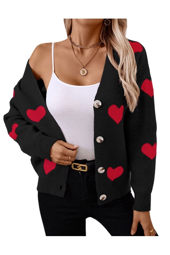 Cardigans for Women Heart Print Valentine's Day Sweaters Loose Casual Button Down Long Sleeve Open Front Knit Cardigans Alsol Lamesa