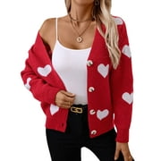 Cardigans for Women Heart Print Valentine's Day Sweaters Loose Casual Button Down Long Sleeve Open Front Knit Cardigans Alsol Lamesa