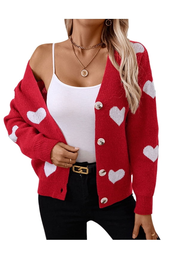 Cardigans for Women Heart Print Valentine's Day Sweaters Loose Casual Button Down Long Sleeve Open Front Knit Cardigans Alsol Lamesa