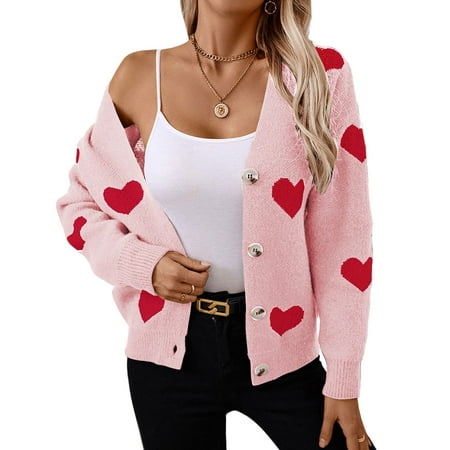 Cardigans for Women Heart Print Valentine's Day Sweaters Loose Casual Button Down Long Sleeve Open Front Knit Cardigans Alsol Lamesa