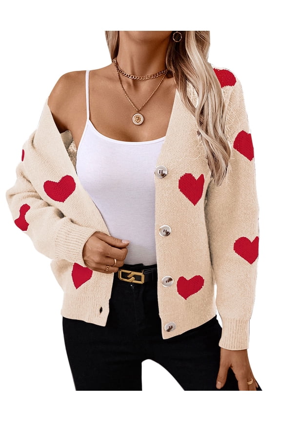 Cardigans for Women Heart Print Valentine's Day Sweaters Loose Casual Button Down Long Sleeve Open Front Knit Cardigans Alsol Lamesa