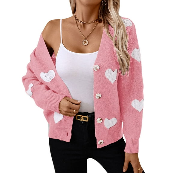 Cardigans for Women Heart Print Valentine's Day Sweaters Loose Casual Button Down Long Sleeve Open Front Knit Cardigans Alsol Lamesa