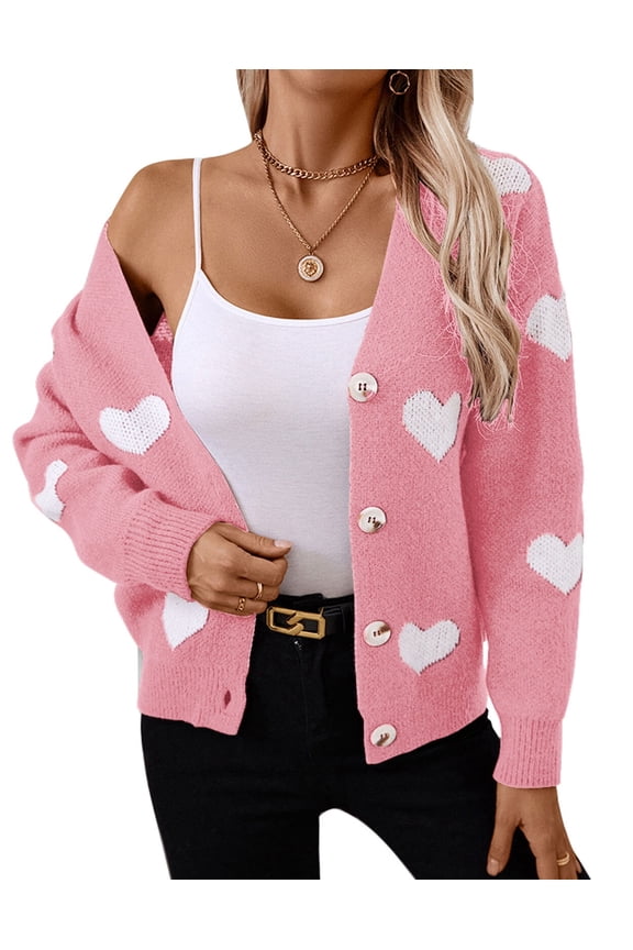 Cardigans for Women Heart Print Valentine's Day Sweaters Loose Casual Button Down Long Sleeve Open Front Knit Cardigans Alsol Lamesa