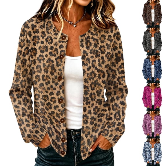 Cardigans for Women Leopard Print Knit Button Down Long Sleeve Loose Fit Fall Jacket Coat Tops