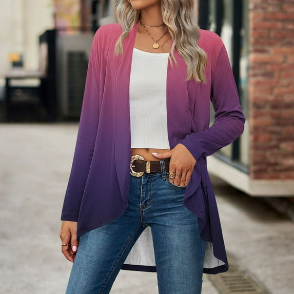 Cardigans for Women Long Sleeve Lightweight Cardigans Open Front Ribbed Knit Outerwear Cardigan Jumper Purple L