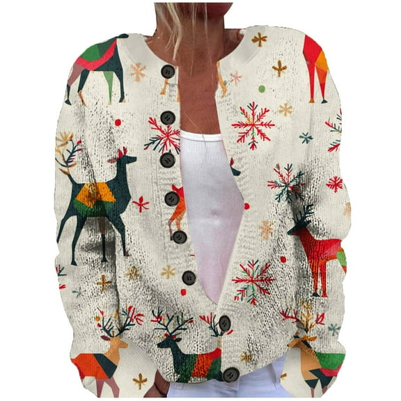 Cardigans for Women Reindeer Snowflake Printed Casual Fall Winter Jacket Button Down Crew Neck Long Sleeve Loose Fit Womens Sweaters YG White XL