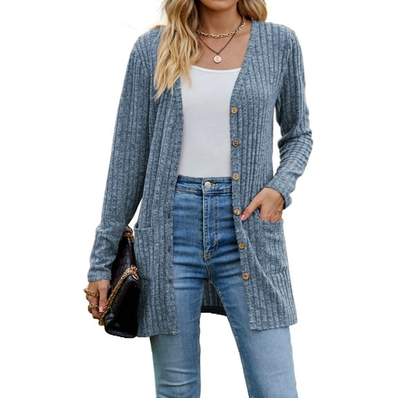 Cardigans for Women Solid Long Sleeve Ribbed Knit Open Front Button Lightweight Fall Cardigan with Pockets Cogild