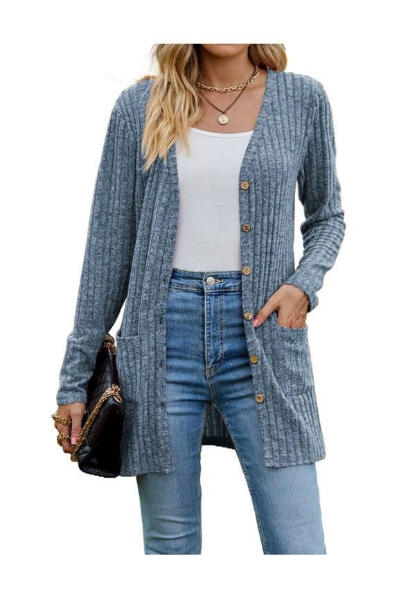 Cardigans for Women Solid Long Sleeve Ribbed Knit Open Front Button Lightweight Fall Cardigan with Pockets Cogild