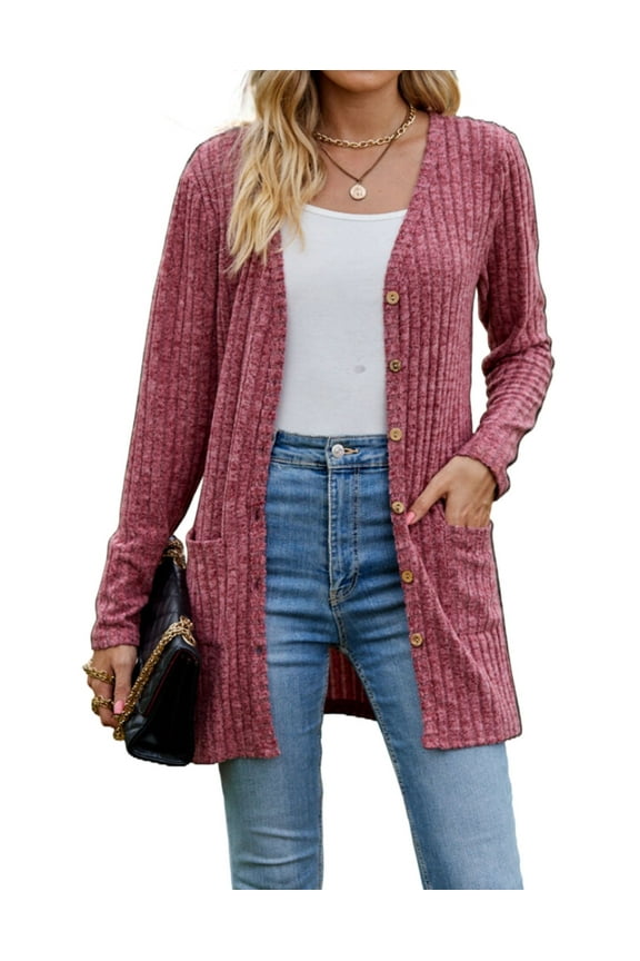 Cardigans for Women Solid Long Sleeve Ribbed Knit Open Front Button Lightweight Fall Cardigan with Pockets Cogild