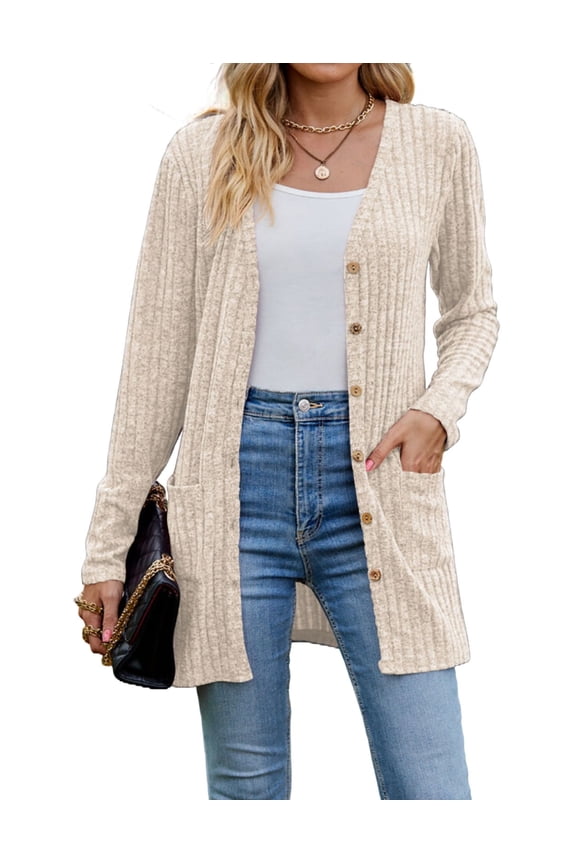 Cardigans for Women Solid Long Sleeve Ribbed Knit Open Front Button Lightweight Fall Cardigan with Pockets Cogild