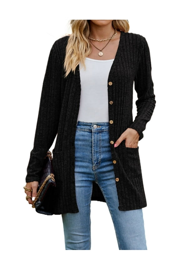 Cardigans for Women Solid Long Sleeve Ribbed Knit Open Front Button Lightweight Fall Cardigan with Pockets Cogild