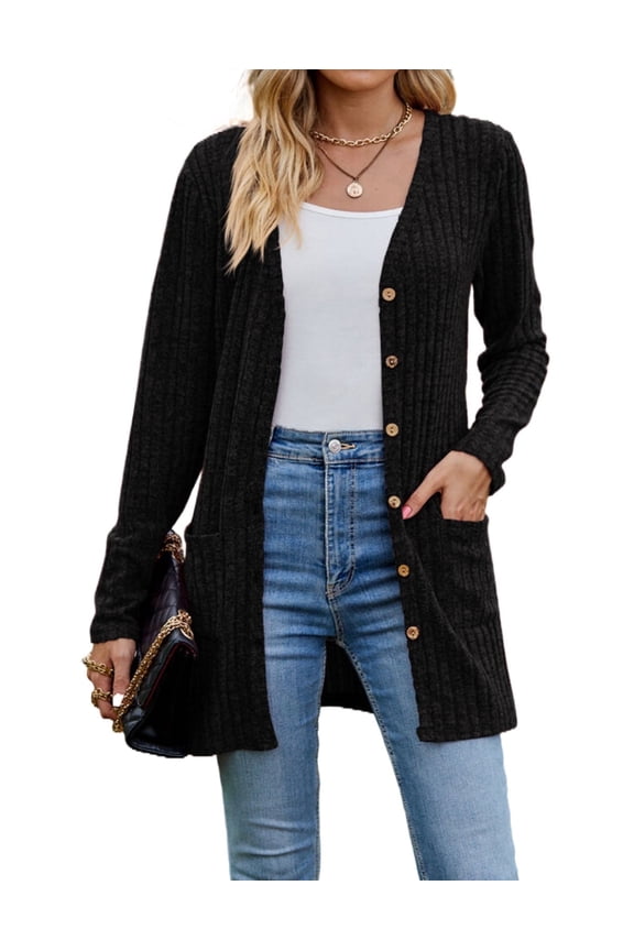 Cardigans for Women Long Sleeve Ribbed Knit Button Down Lightweight Cardigan Sweater with Pockets for Fall