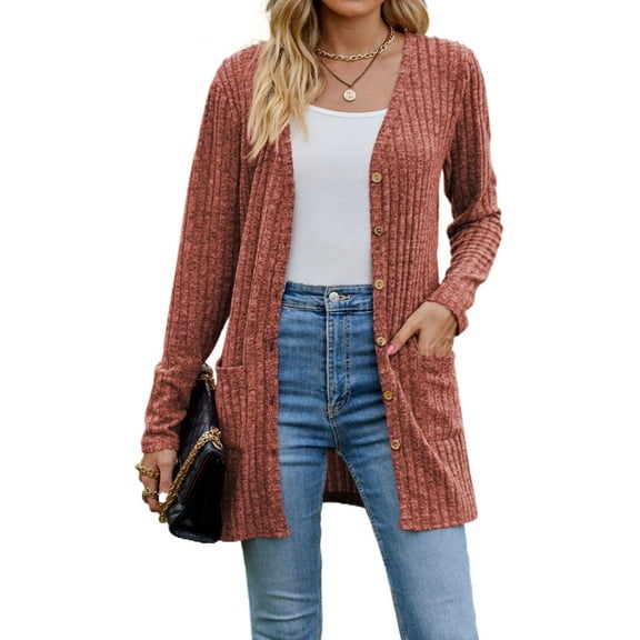 Cardigans for Women Solid Long Sleeve Ribbed Knit Open Front Button Lightweight Fall Cardigan with Pockets Cogild
