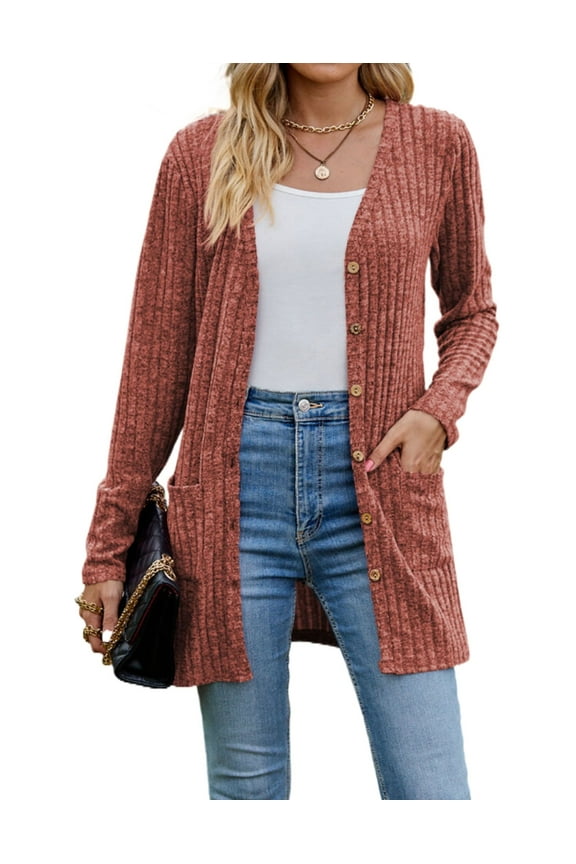 Cardigans for Women Solid Long Sleeve Ribbed Knit Open Front Button Lightweight Fall Cardigan with Pockets Cogild