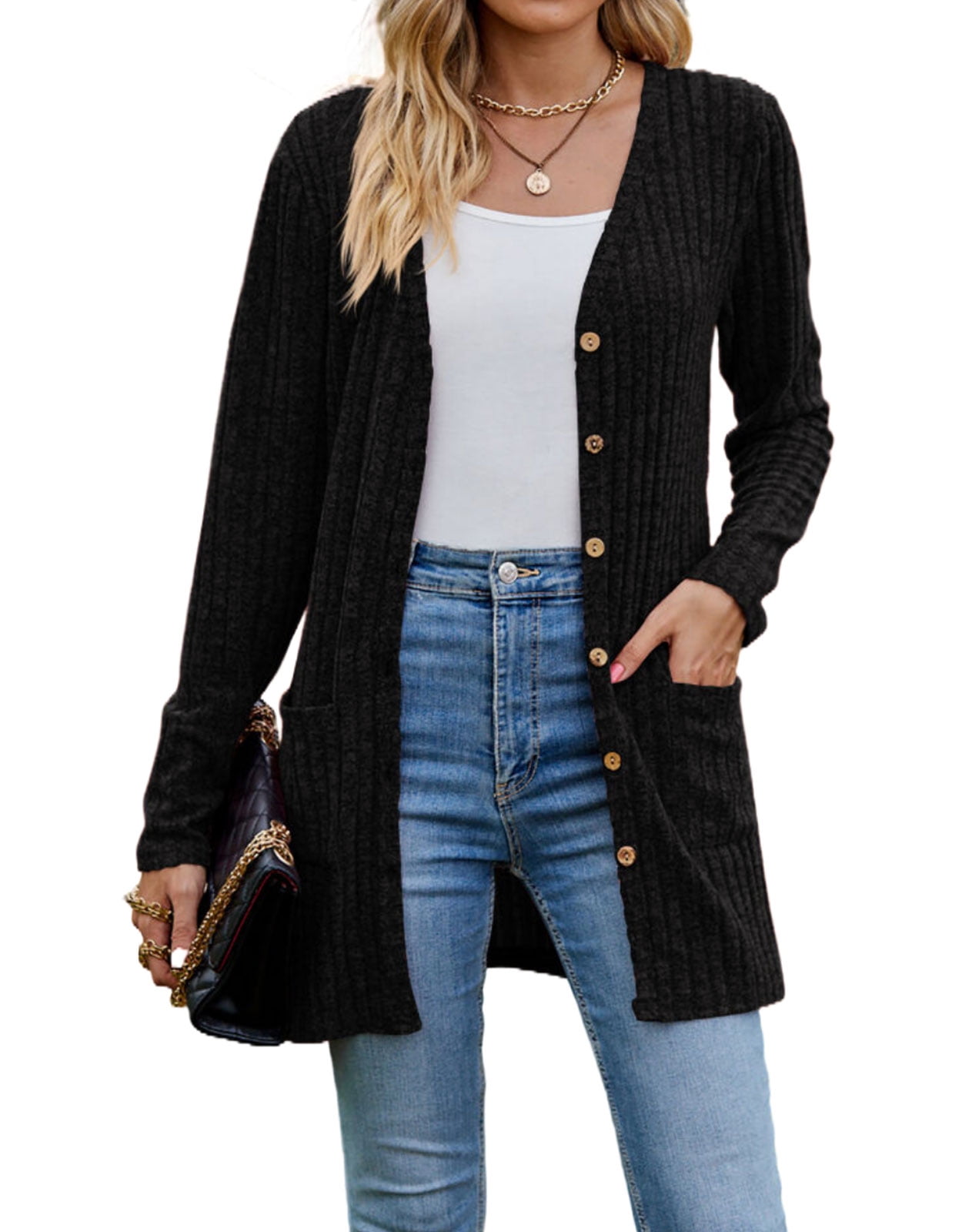 Cardigans for Women Solid Long Sleeve Ribbed Knit Open Front Button ...