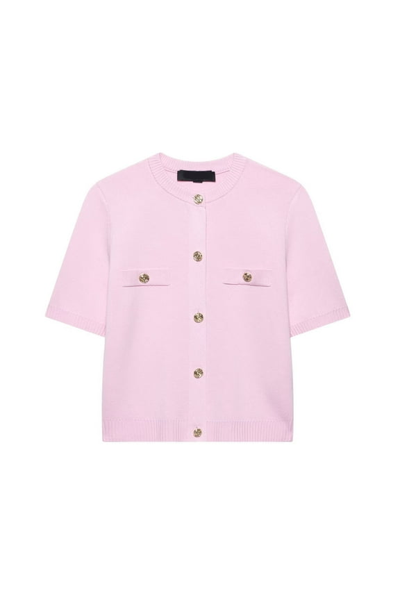 Cardigans for Women Summer Short Sleeve Lightweight Casual Knit Sweater Pullover with Front Pockets Crew Neck Button Down Solid Color Pink S