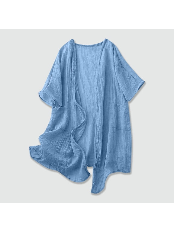 Cardigans for Women Summer Short Sleeve Open Front Ladies Elegant Cardigan Lightweight Casual Outerwear with Pockets Blue XL
