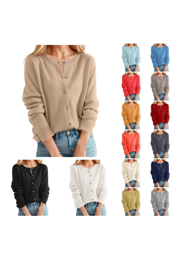 Cardigans for Women Trendy Caual Classic Crew Neck Buttons Solid Front Open Coat Long Sleeve Fall Winter Loose Womens Cardigan Sweaters Gold XL