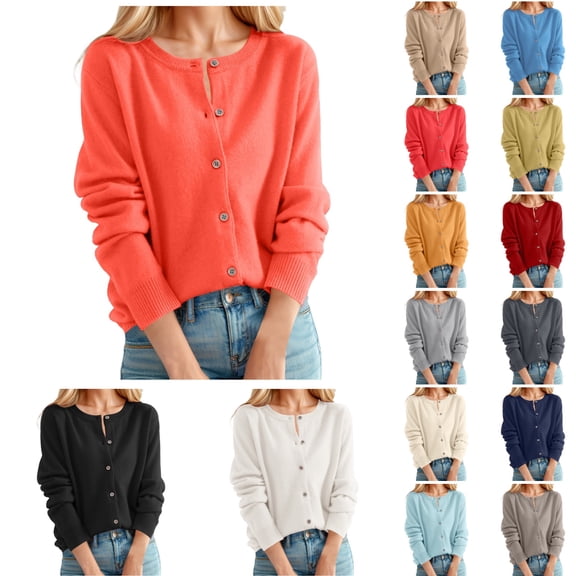 Cardigans for Women Trendy Caual Classic Crew Neck Buttons Solid Front Open Coat Long Sleeve Fall Winter Loose Womens Cardigan Sweaters Orange M