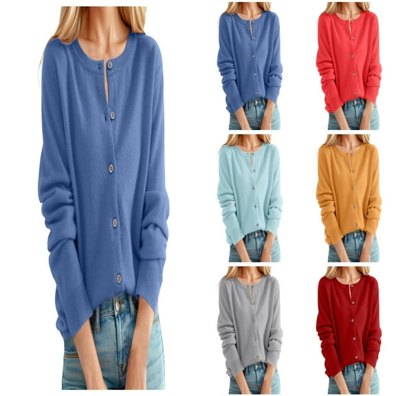 Cardigans for Women Trendy Caual Classic Crew Neck Buttons Solid Front Open Coat Long Sleeve Fall Winter Loose Womens Cardigan Sweaters Sky Blue XL