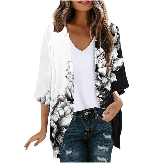 Cardigans for Women Trendy Floral Print 3/4 Sleeve Cardigan Cover Up ...