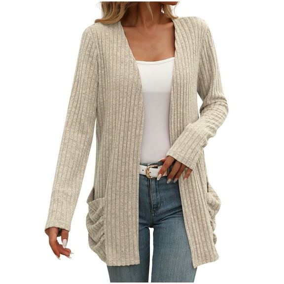 Cardigans for Women Trendy Lightweight V Neck Button Down Knitted Sweater Loose Long Sleeve Solid Color Open Front Tops (Beige S)