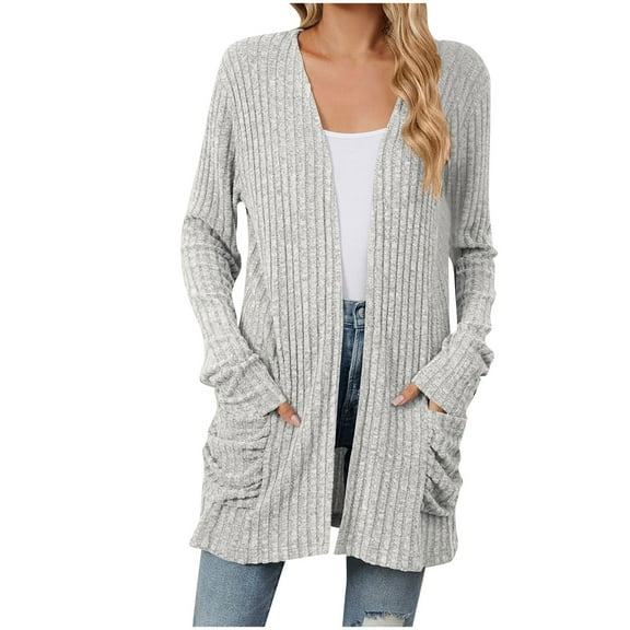 Cardigans for Women Trendy Lightweight V Neck Button Down Knitted Sweater Loose Long Sleeve Solid Color Open Front Tops (Gray M)