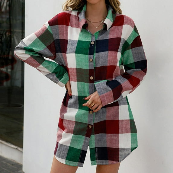 Cardigans for Women Trendy Loose Fit Casual Button Down Plaid Mid Length Tops Fall Winter Long Sleeve Warm Comfortable Shirts for Women Red L