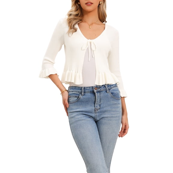 INSPIRE CHIC Cardigans for Women Trendy Ruffled Long Sleeve Knit Sweater Open Front Cardigan Outerwear XS White