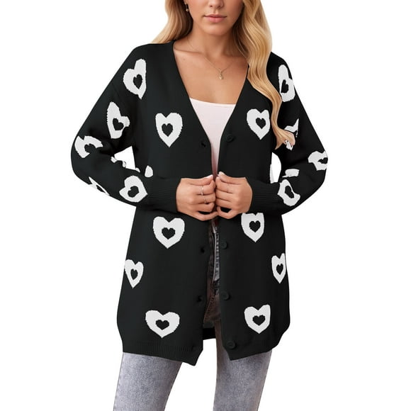 Cardigans for Women Valentine's Day Cute Heart Sweater V Neck Button Down Winter Fall Fashion Cable Sweaters Outerwear Coat Alsol Lamesa