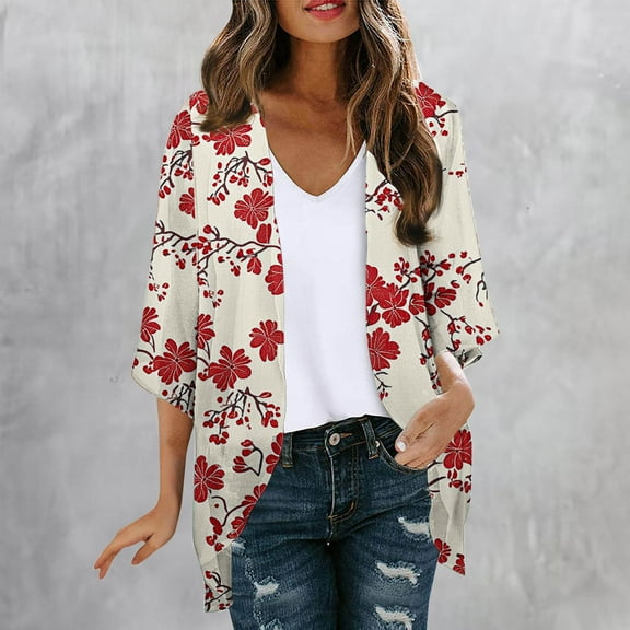 Cardigans Women's Floral Print Puff Sleeve Kimono Cardigan Loose Cover Up Casual 3/4 Sleeve Tops