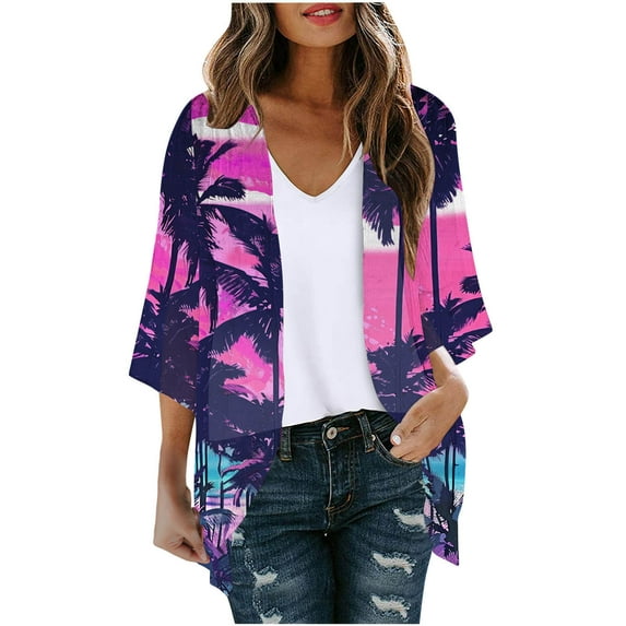 Cardigans for Women's Floral Kimono 3/4 Sleeve Summer Fall Loose Cover Ups Tops Polyester Cardigan