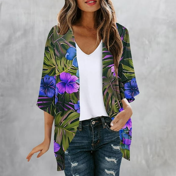 Cardigans Women's Floral Print Puff Sleeve Kimono Cardigan Loose Cover Up Casual 3/4 Sleeve Tops