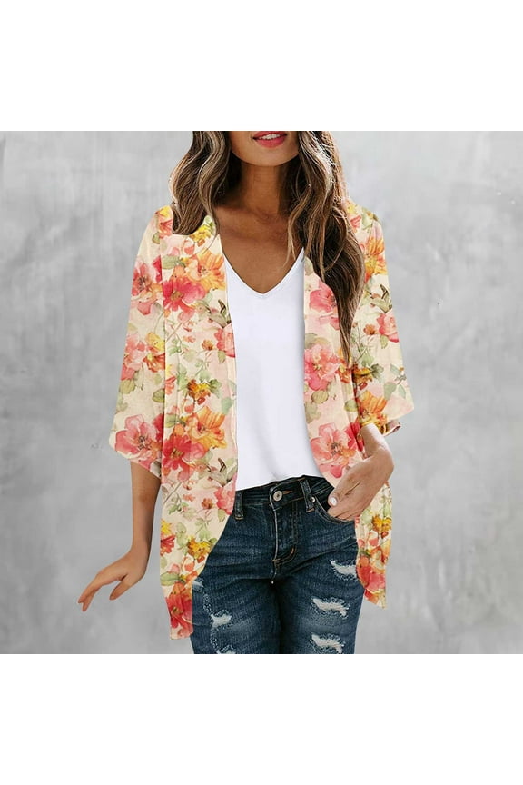 Cardigans for Women's Floral Kimono 3/4 Sleeve Summer Fall Loose Cover Ups Tops Polyester Cardigan