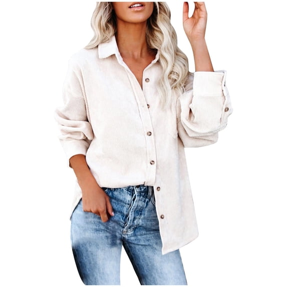 Cardigans on Ladies Corduroy Buttoned Cardigan Long Sleeve Lapel Loose Padded Shirt Top