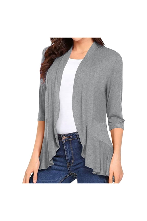 Cardigans on Clearance Women's Solid Color Soft Draped Ruffles Nine-Quarter Sleeve Cardigan Top