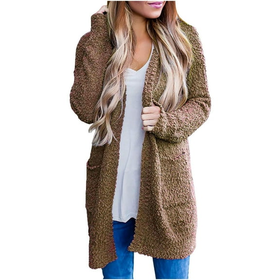 Cardigans on Clearance Womens Ladies Solid Open Front Soft Chunky Pocket Long Sleeve Coat Outerwear Cardigan