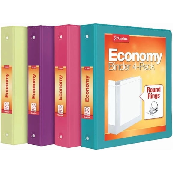 Cardinal 3 Ring Binders, Binders for School and Office, Durable 1.5 Inch, Round Rings, Holds 350 Sheets, ClearVue Presentation View, Non-Stick, Assorted Bright Colors, 4 Pack (79553) - 4 Count (Pack