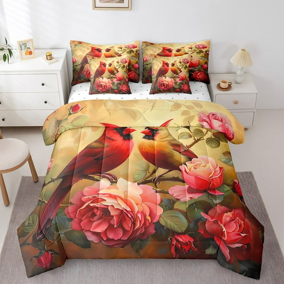 Cardinal 7 Piece Comforter Set Full Bed in a Bag,Red Rose Bedding Sets Romantic Flowers Fitted Sheet,Wild Animal Bird Sheet Set with Comforter