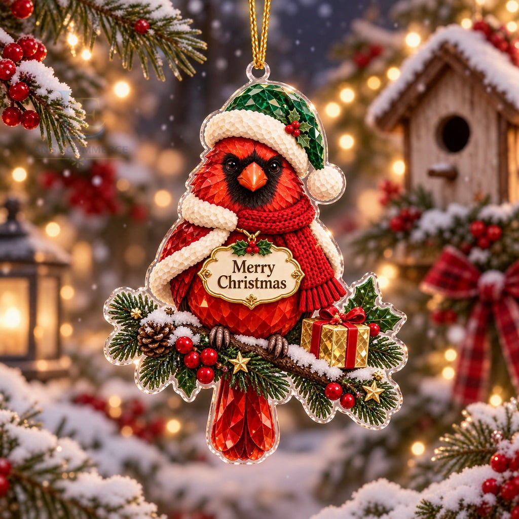 Cardinal Acrylic Ornament with Merry Christmas Plaque for Bird Lovers ...