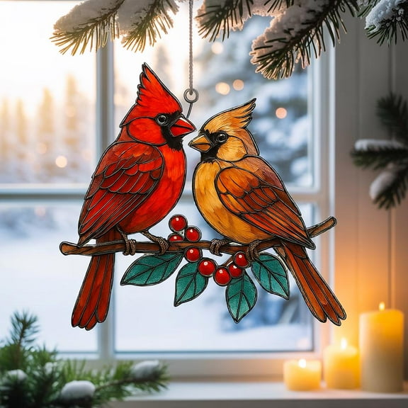 Cardinal Acrylic Suncatcher, Christmas Bird Ornament, Red Cardinal Window Decor, Winter Stained Glass Sun Catcher, Holiday Window Hanging