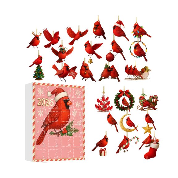 Cardinal Advent Calendar 24 Days Christmas Countdown 2D Acrylic Ornaments Blind Box Cardinal Holiday Ornament Set(26x18x3cm)