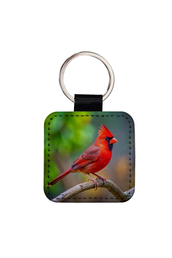 Cardinal Backyard Bird Faux Leather Square Keychain