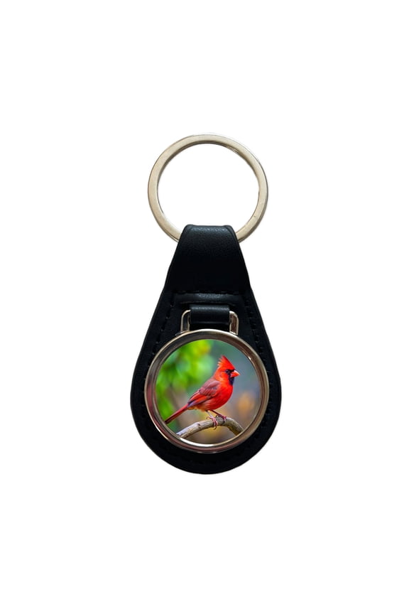 Cardinal Backyard Bird Metal Black Leather Keychain