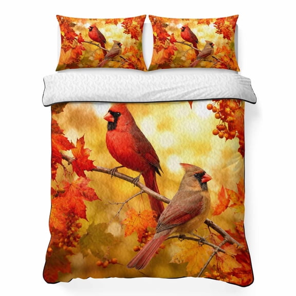 Cardinal Bird 3 Piece Quilt Bedding Set with 2 Pillow Shams, Fall Red Bird Orange Maple Leaf Tree Branch Forest Lightweight Bedspread Coverlet, Soft Breathable All Season Quilt, 79 x 90 Inch