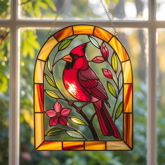 Cardinal Bird Acrylic Suncatcher, Red Bird Faux Stained Glass Window Hanging, Memorial Sun Catcher, Floral Nature Ornament Gift