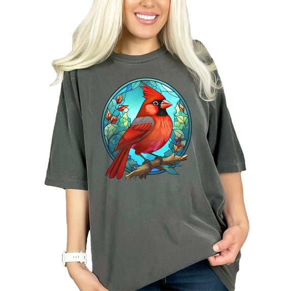 Cardinal Bird Art T-Shirt, Stained Glass Bird Design, Nature Lover Gift Tee, Unique Bird Watcher Shirt, Pepper Comfort Colors T-Shirt, Large