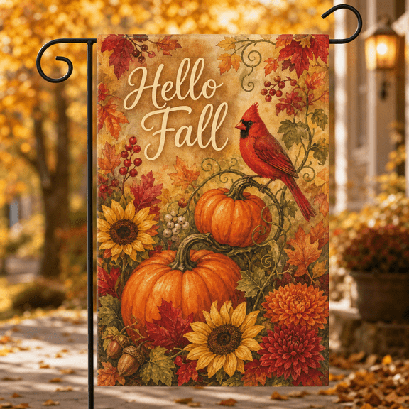 Cardinal Bird Autumn Pumpkin Garden Flag, Hello Fall Yard Decor Gift