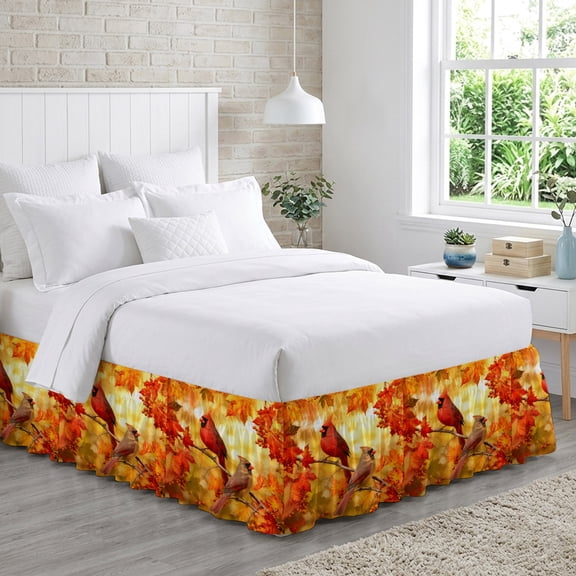 Cardinal Bird Bed Skirt Queen Size 16 Inch Drop, Fall Red Bird Orange Maple Leaf Tree Branch Forest Adjustable Elastic Dust Ruffles Bedskirt for Queen Bed Wrap Around Pleated Mattress Frame Cover