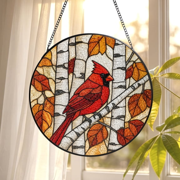 Cardinal Bird Birch Tree Autumn Leaves Stained Glass Style Round Suncatcher, Fall Forest Window Hanging Ornament, Rustic Nature Wall Decor